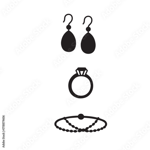 A set of black various jewelry silhouettes isolated on a white background.