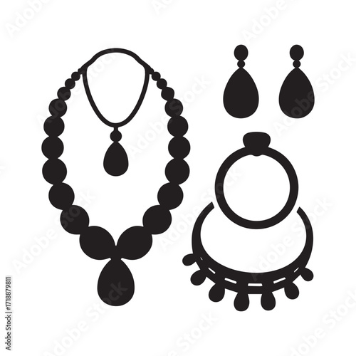A set of black various jewelry silhouettes isolated on a white background.