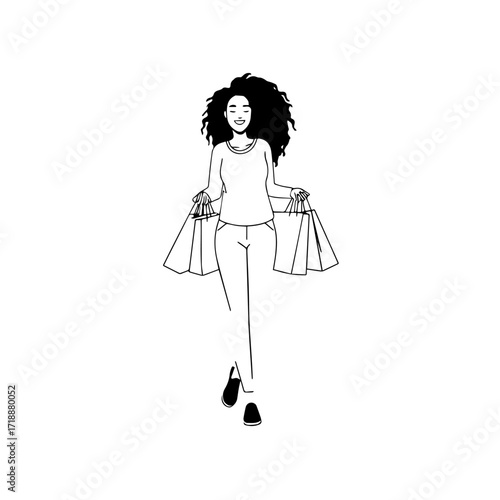 Black and white line art of a beautiful happy woman carrying shopping bags minimalist cheerful illustration
