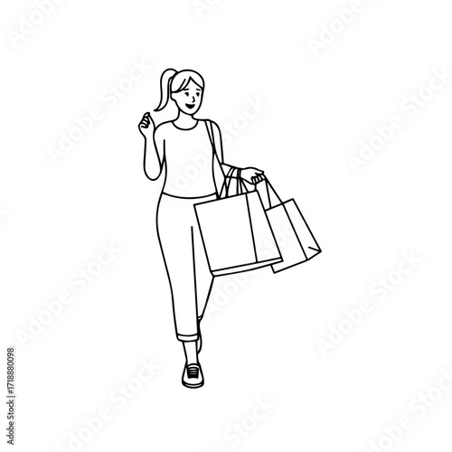 Black and white line art of a beautiful happy woman carrying shopping bags minimalist cheerful illustration
