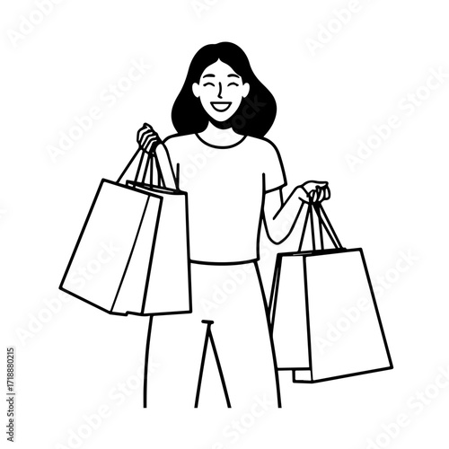 Black and white line art of a beautiful happy woman carrying shopping bags minimalist cheerful illustration
