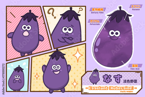 かわいいナスのキャラクターと栄養素解説イラスト