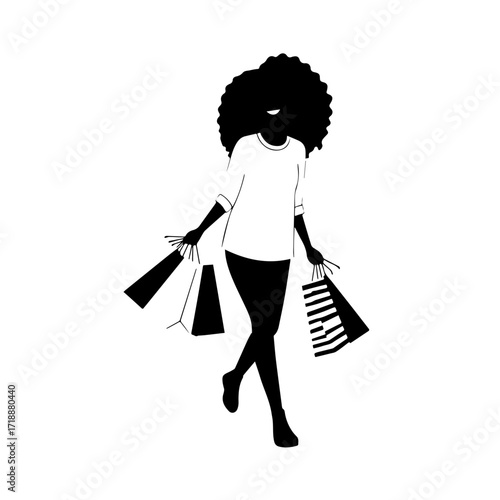 Black and white line art of a beautiful happy woman carrying shopping bags minimalist cheerful illustration
