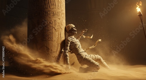 Mummy wrapped rests by a hieroglyphic pillar in a sandy dusty tomb lit by a flaming torch