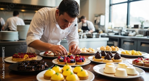 Skilled chef meticulously garnishes exquisite pastries in a modern professional kitchen environment