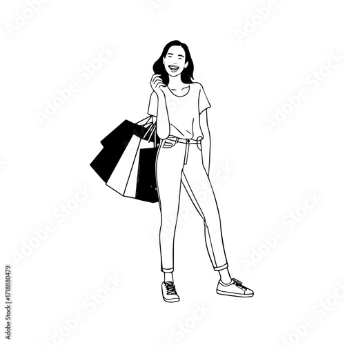 Black and white line art of a beautiful happy woman carrying shopping bags minimalist cheerful illustration
