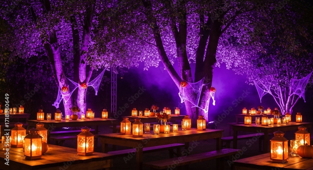 Fototapeta premium Halloween outdoor setting lit tables lanterns spooky tree decor atmospheric purple lighting