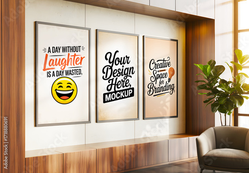 Modern Interior Living Room With Three Vertical Poster Frame Mockup On Wooden Wall