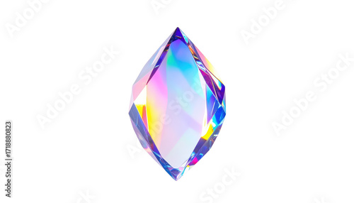 Iridescent Crystal Prism with Rainbow Colors on White Background.