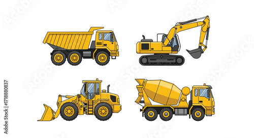 Yellow Construction Vehicle Cartoon Collection: Dump Truck, Excavator, Loader, Concrete Mixer Isolated on White Background for Graphic Design and Children's Illustration
