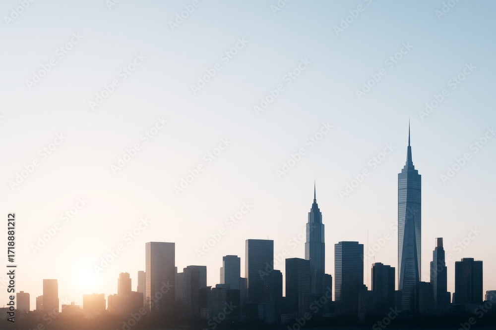 Obraz premium Silhouette of modern city skyline with tall skyscrapers at sunrise on soft gradient sky background with copyspace for banner or poster design template. Ai generative