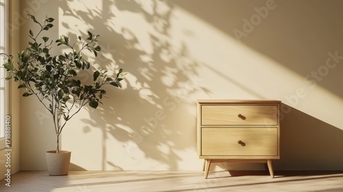 A sunlit room displays a simple wooden nightstand beside a potted plant, casting gentle shadows on a pale beige wall.