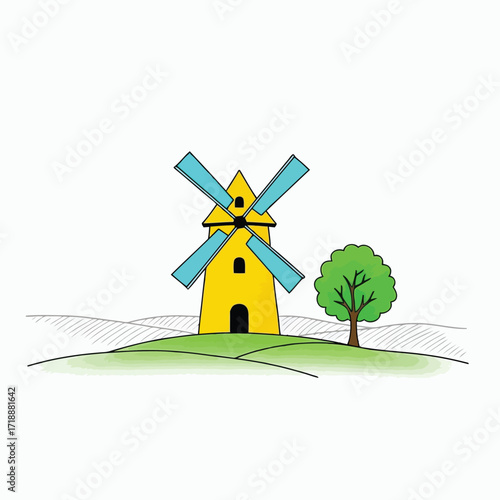Vector illustration of illustration of yellow windmill with blue blades and a green tree