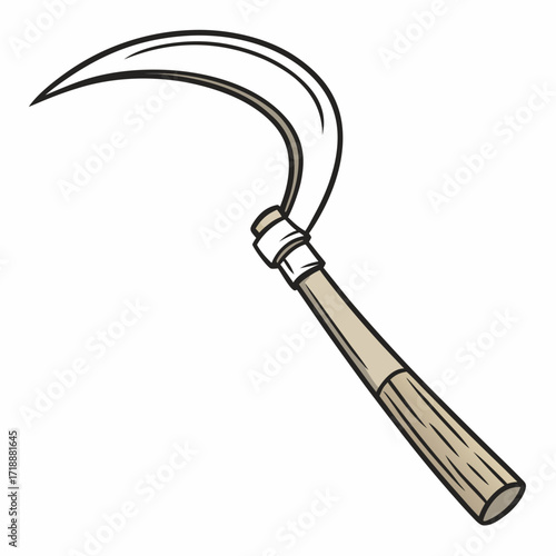 Illustration of a hand sickle farming tool with wooden handle for harvesting crops and cutting grass