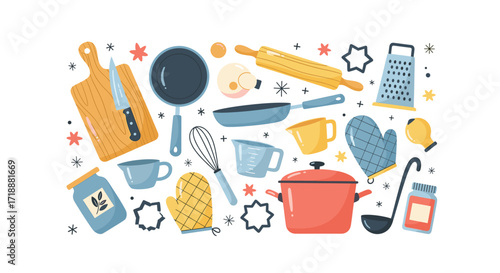 Colorful Kitchenware Illustration with Cutting Board, Pans, and Utensils for Cooking and Baking, Ideal for Food Blogs and Recipes