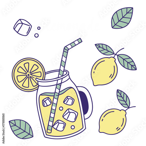 Refreshing lemonade illustration with lemons ice cubes and a straw on a black background perfect for summer themed designs