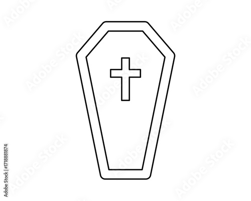 A minimalist, black and white illustration of a coffin with a cross, perfect for Halloween designs