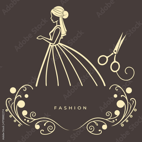 Elegant fashion boutique logo with stylish woman, scissors and floral ornaments for beauty salon or dressmaker branding, a scalable vector graphic