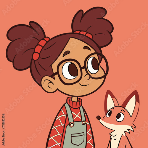 Adorable cartoon girl with pigtails and glasses alongside her cute fox friend, a charming scene perfect for children's books or educational content