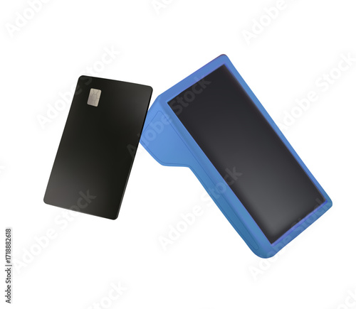 Scan a bank card for contactless payment at a checkout. The card reader enables convenient, cashless transactions. With NFC technology, customers can tap to pay seamless. Vector 3D render illustration