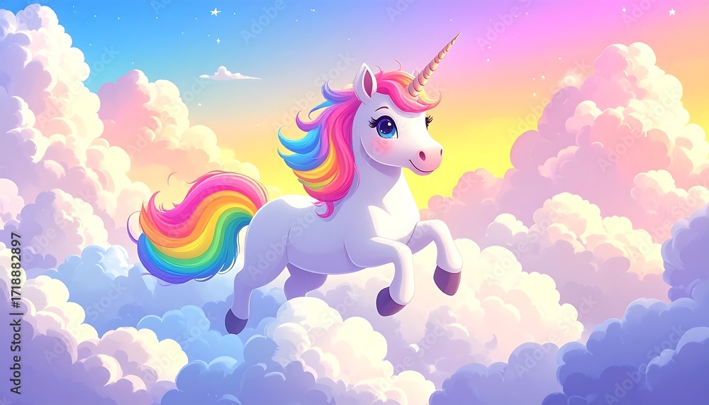 Fototapeta premium Cute unicorn soaring through fluffy clouds