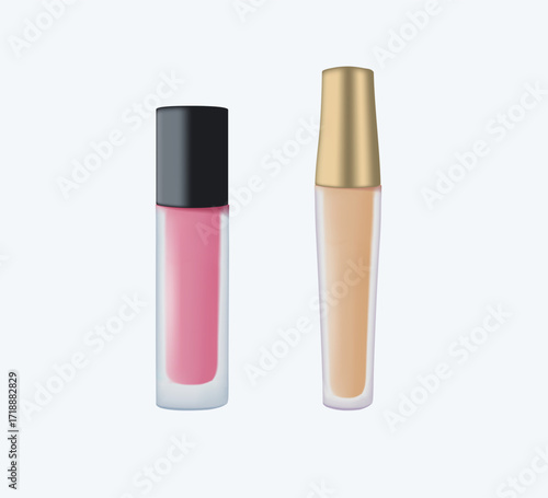 Cosmetics like concealer, blush, lip gloss, tonal cream, lipstick supplies and skincare treatment 3D render vector illustration objects on white. Makeup products on white background