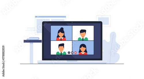 Virtual Meeting Illustration Featuring Diverse Participants for Remote Work and Online Collaboration Platforms, Suitable for Business and Educational Content