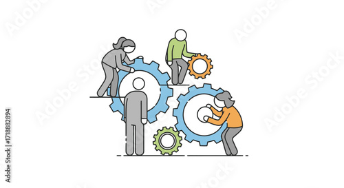 Collaborative Teamwork Illustration Featuring People Connecting Gears, Ideal for Business Strategy, Problem Solving, and Project Management Presentations