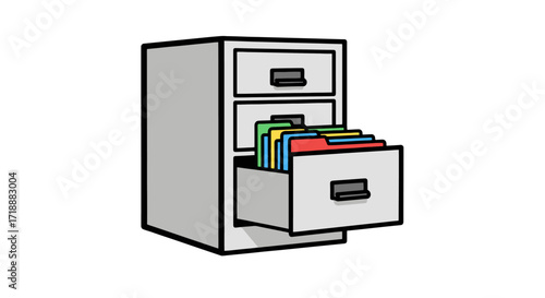 Illustrated Filing Cabinet with Open Drawer Revealing Colorful Files, Suitable for Business, Office Administration, and Organization Projects.