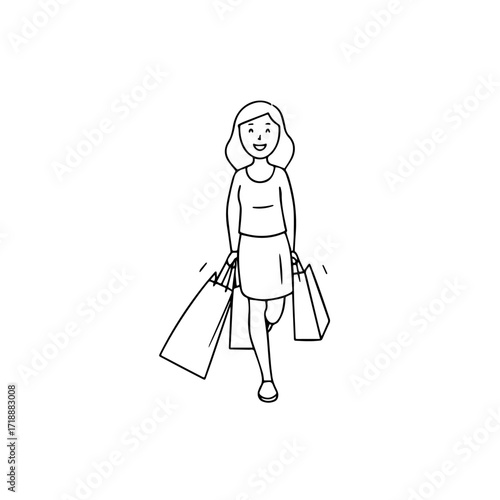 Black and white line art of a beautiful happy woman carrying shopping bags minimalist cheerful illustration