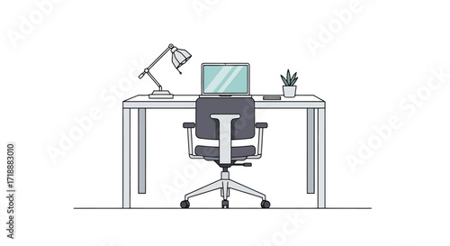 Minimalist Home Office Setup Featuring Desk, Laptop, and Ergonomic Chair, Ideal for Illustrating Remote Work, Study Spaces, or Modern Interior Design Concepts.
