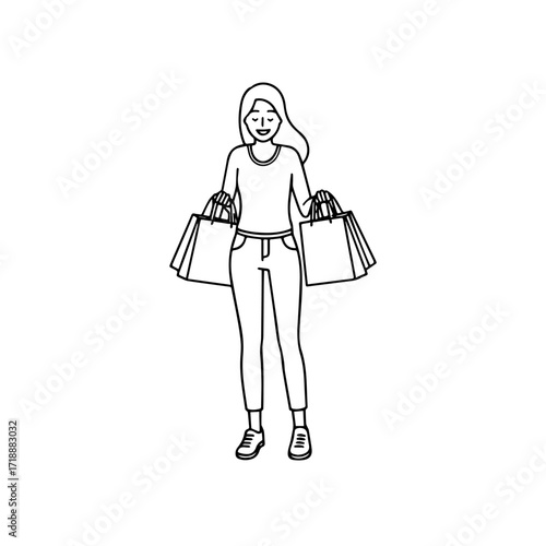 Black and white line art of a beautiful happy woman carrying shopping bags minimalist cheerful illustration