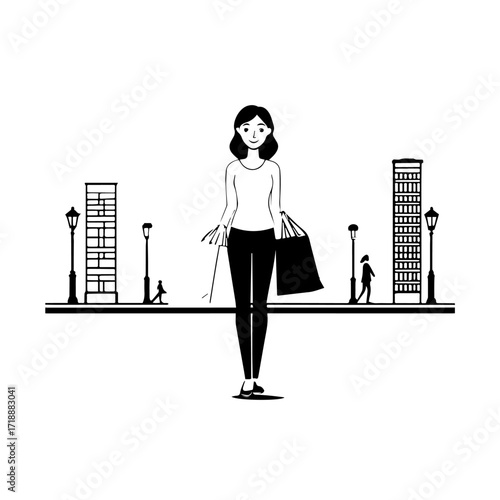 Black and white line art of a beautiful happy woman carrying shopping bags minimalist cheerful illustration