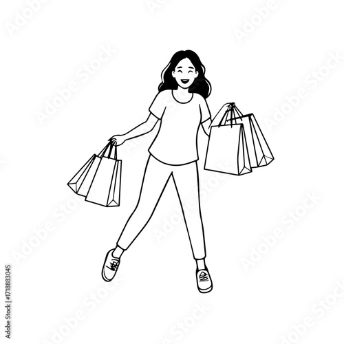 Black and white line art of a beautiful happy woman carrying shopping bags minimalist cheerful illustration