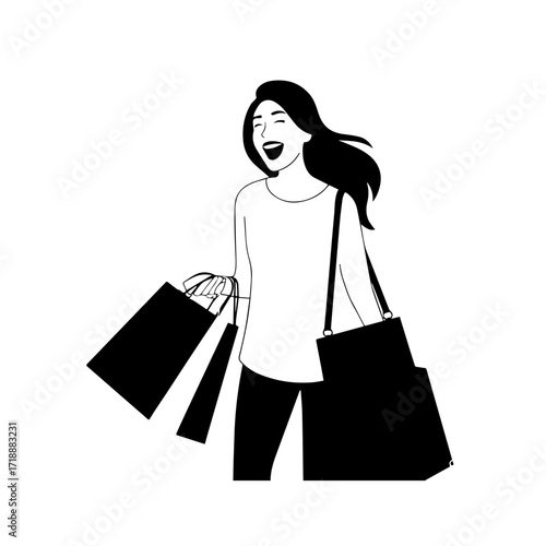 Black and white line art of a beautiful happy woman carrying shopping bags minimalist cheerful illustration