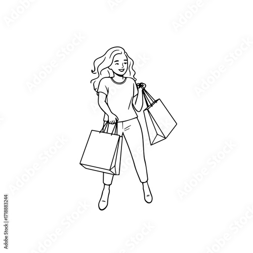 Black and white line art of a beautiful happy woman carrying shopping bags minimalist cheerful illustration