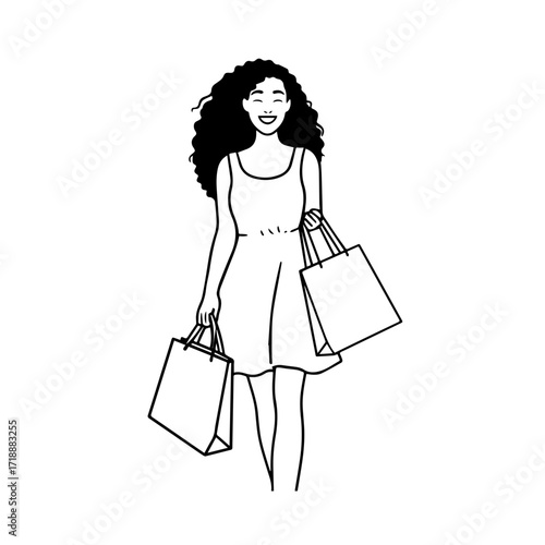 Black and white line art of a beautiful happy woman carrying shopping bags minimalist cheerful illustration