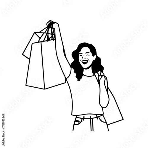 Black and white line art of a beautiful happy woman carrying shopping bags minimalist cheerful illustration