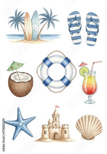 Vector illustration of illustration of watercolor beach vacation elements