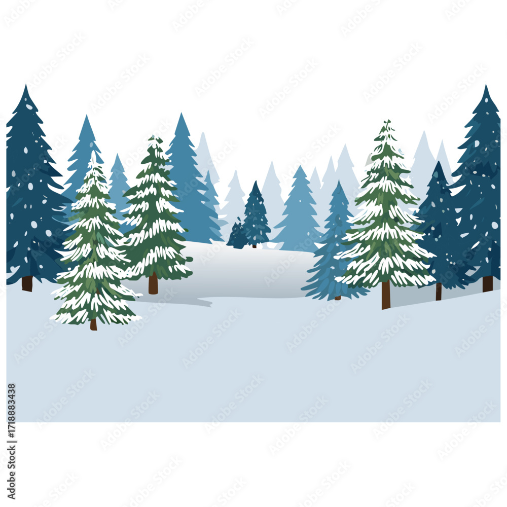 Obraz premium Snowy forest with fir trees vector illustration in scandinavian laconic style. Christmas natural background for postcards and invitations. New Year's backdrop of cold northern nature. 