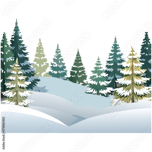 Snowy forest with fir trees vector illustration in scandinavian laconic style. Christmas natural background for postcards and invitations. New Year's backdrop of cold northern nature.	