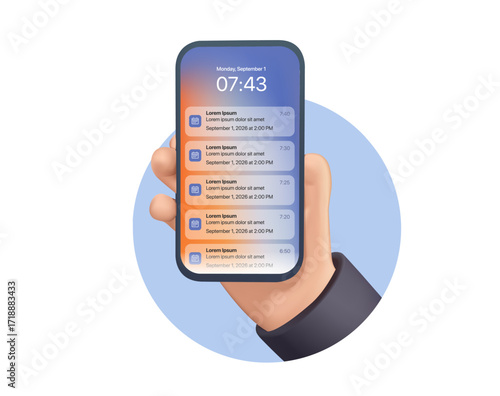 Calendar app notification on phone template. Scheduled events push popup banner. Message alert mock-up. Digital planner for task management productivity organization. 3D render mobile screen layout
