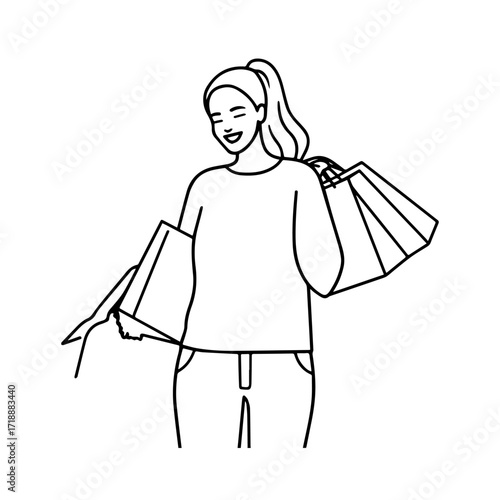 Black and white line art of a beautiful happy woman carrying shopping bags minimalist cheerful illustration