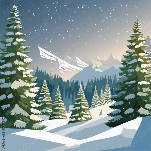 Snowy forest with fir trees vector illustration in scandinavian laconic style. Christmas natural background for postcards and invitations. New Year's backdrop of cold northern nature.	