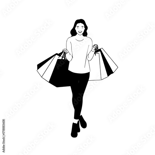 Black and white line art of a beautiful happy woman carrying shopping bags minimalist cheerful illustration