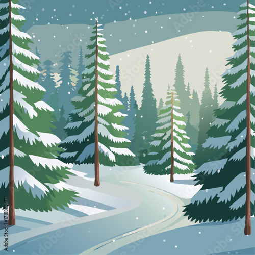 Snowy forest with fir trees vector illustration in scandinavian laconic style. Christmas natural background for postcards and invitations. New Year's backdrop of cold northern nature.	