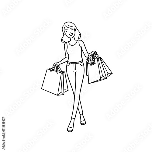 Black and white line art of a beautiful happy woman carrying shopping bags minimalist cheerful illustration