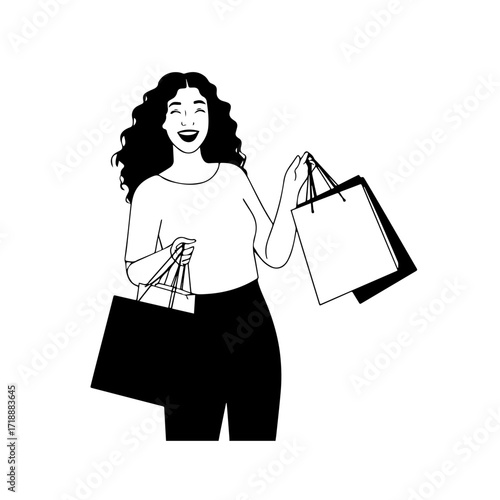 Black and white line art of a beautiful happy woman carrying shopping bags minimalist cheerful illustration