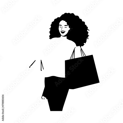 Black and white line art of a beautiful happy woman carrying shopping bags minimalist cheerful illustration