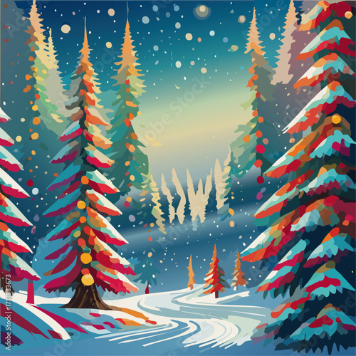 Snowy forest with fir trees vector illustration in scandinavian laconic style. Christmas natural background for postcards and invitations. New Year's backdrop of cold northern nature.	